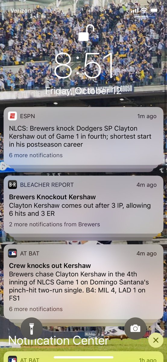 cajun_pete's tweet photo. Best. Notification. Screen. Ever... #brewers #ThisisMyCrew #ouroctober #mlb #MLBPlayoffs @BillSchmidRadio @RamieIsTweeting @WinksThinks @ChuckFreimund @SparkyRadio @Bill_Michaels @TimAllenRants @RadioJoeSports @1057FMTheFan https://t.co/i9zf0tOh16