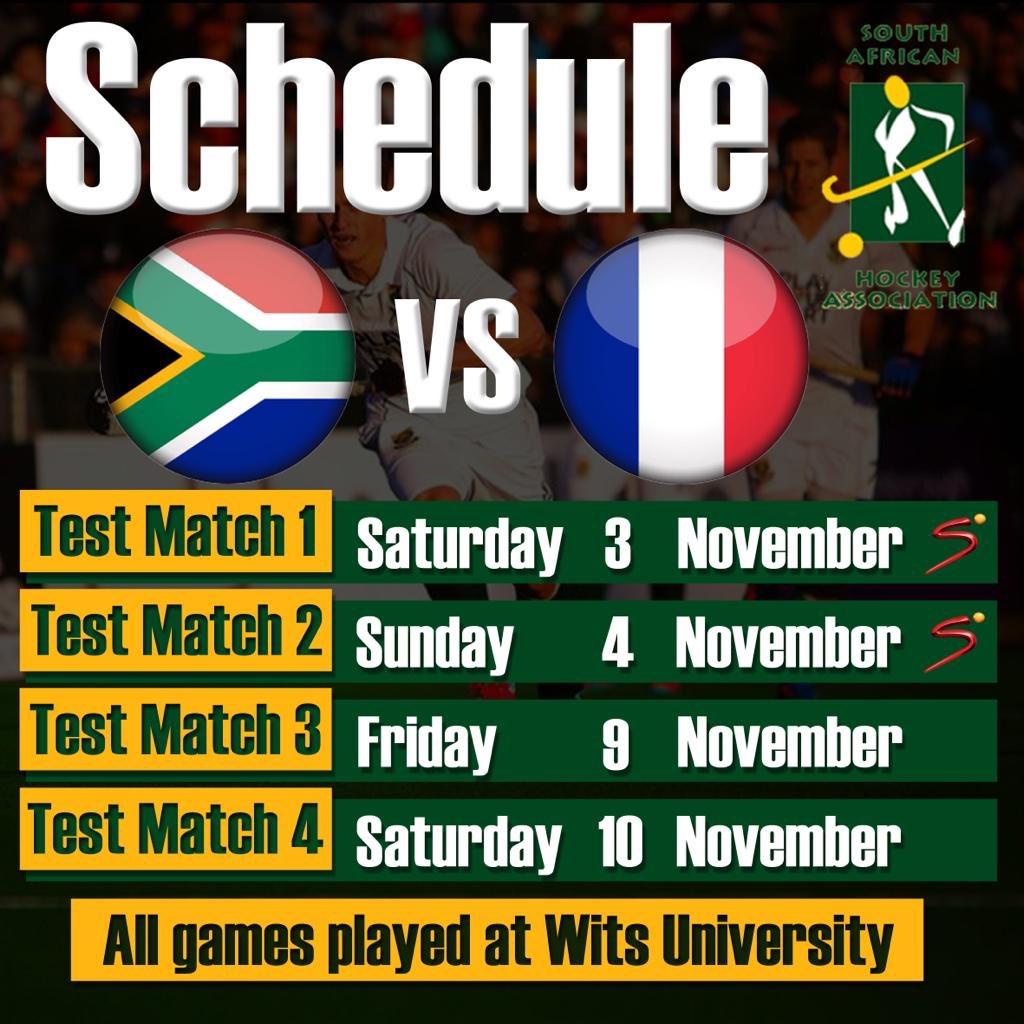UPDATED DATES: SOUTH AFRICA vs FRANCE
🇿🇦vs🇫🇷 at Wits Education Campus

UPDATED DATES: 
🏑 Saturday 3 November 📺 
🏑 Sunday 4 November 📺 
🏑 Friday 9 November 
🏑 Saturday 10 November 

#abesizwe #amastokke 

#hwc2018 #46daysandcounting #SAhockey #francehockey #SAmenshockey