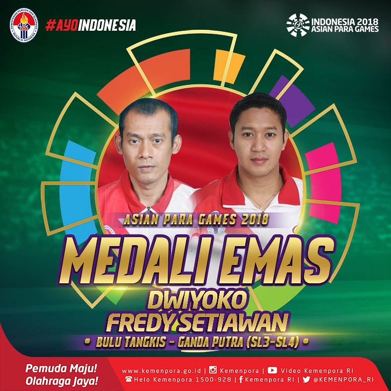 Total sudah 37 EMAS yang diraih oleh Indonesia! Alhamdulillah ya Allah. Terima kasih untuk Dwiyoko dan Fredy Setiawan. Kalian semua keren! -IN

#AsianParaGames2018 
#ParaInspirasi 
#AyoIndonesia