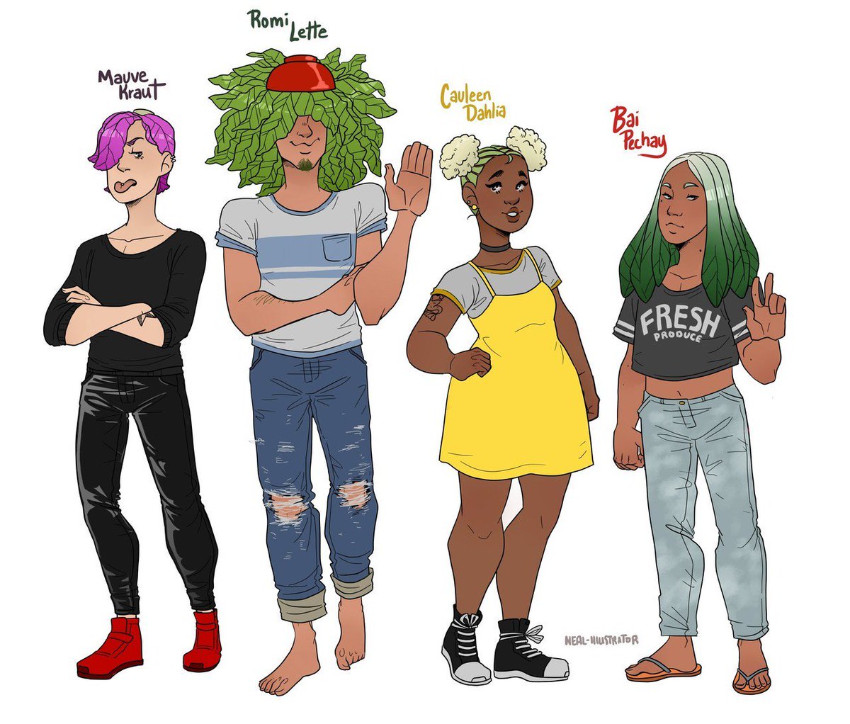 IllustratorNeal's tweet photo. Line up and clothing tests of the Veggie Head band. #veggiehead
#artistsontwitter #digitalart
#conceptart https://t.co/no2GHnuIlL