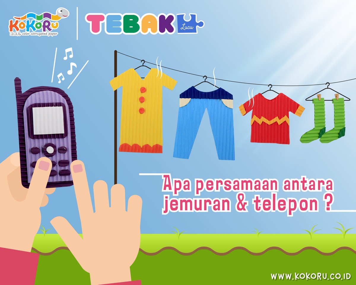 kokoru_paper's tweet photo. Kokoru Friends, ada yang tahu apa persamaan antara jemuran dan telepon? #kokoru #mainkokoru #tebaklucu https://t.co/8uqFyEia3Z