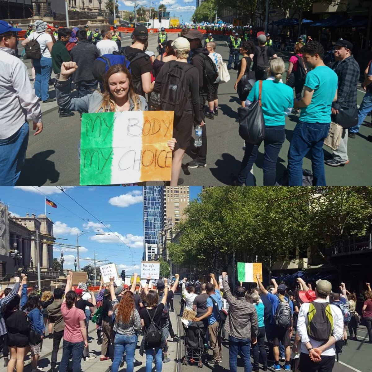 melb_irishARC's tweet photo. Representin @ the counter-rally to the antichoice rally today✊ On the 10th anniversary since VIC's abortion reform, and in the wake of the 8th, we're more confident than ever that antichoicers' demands will fail. The message is clear: Victoria is #ProChoice! #QLDnext #itsnot1899 https://t.co/gcjNC58Yc2