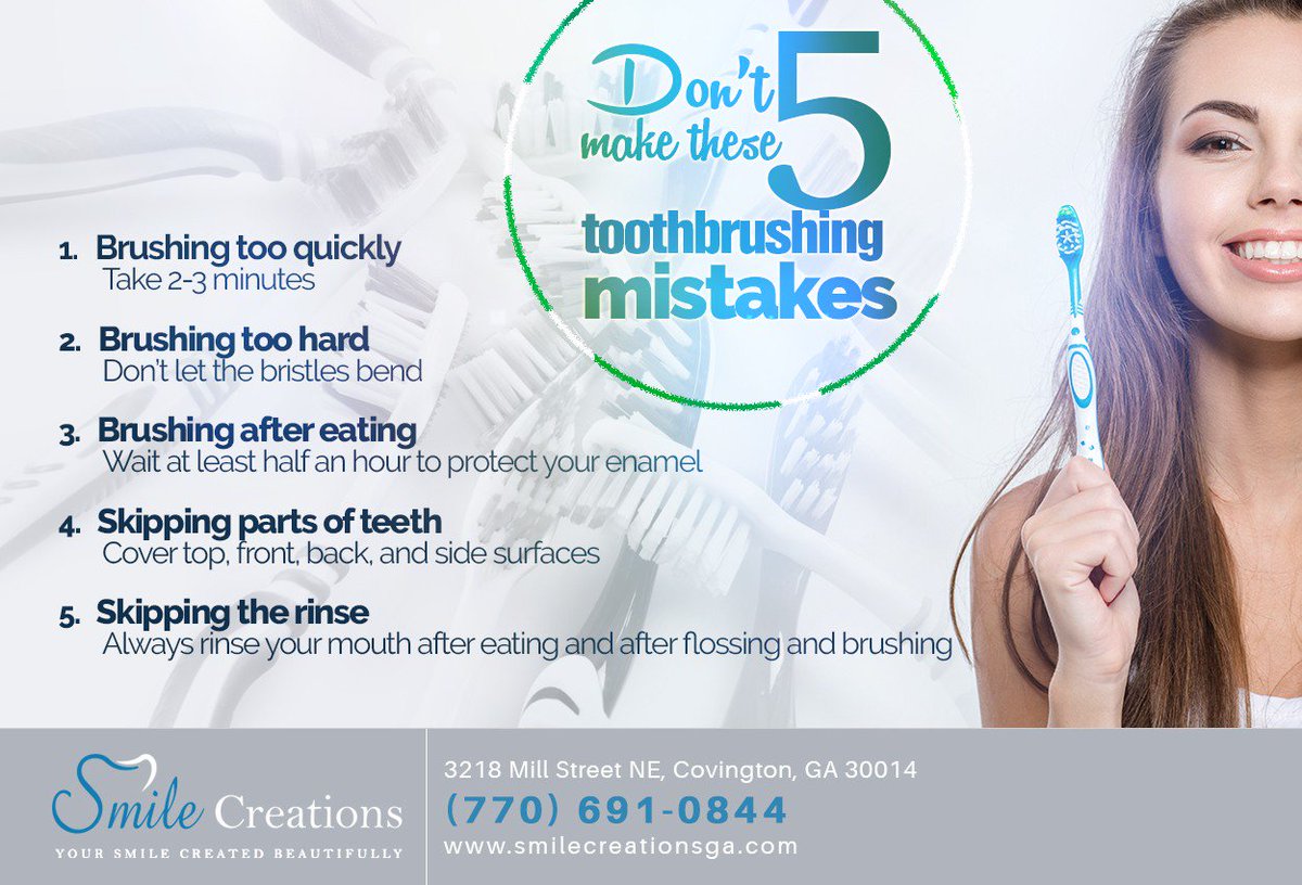 SmleCreationsPC's tweet photo. Daily dental care may not be enough when it’s done wrong. Avoid these 5 mistakes when brushing your teeth to keep them safe and clean. #dentalcare #oralhealth #wellness #beautifulsmile #toothbrush https://t.co/yNwDnkH8Um