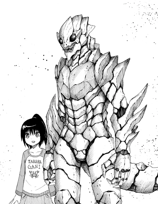 よくわからない怪人を描いてたらなんかさみしかったので女の子置いた絵 