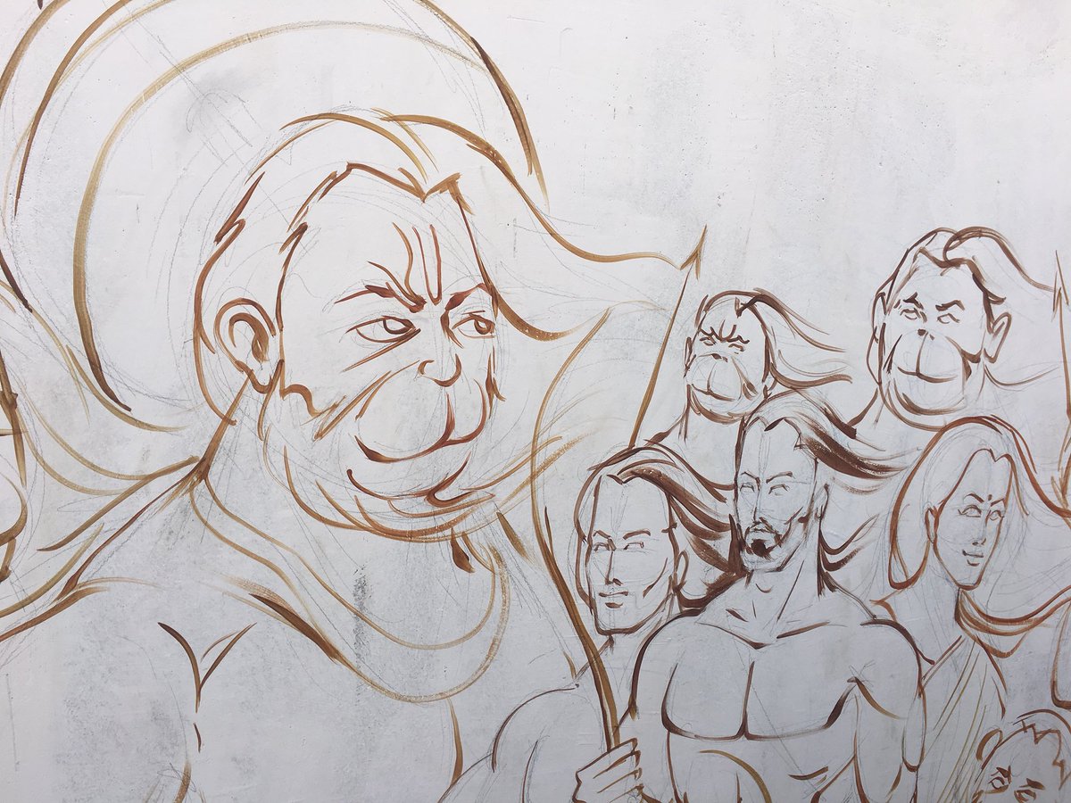 shantanug_'s tweet photo. Angry Hanuman artist @karanacharya7 at work on walls of Ram Jan Bhoomi Karyashala at Ayodhya. His artist wife @poojagopala helping him out 👍 https://t.co/3hi6790UTh