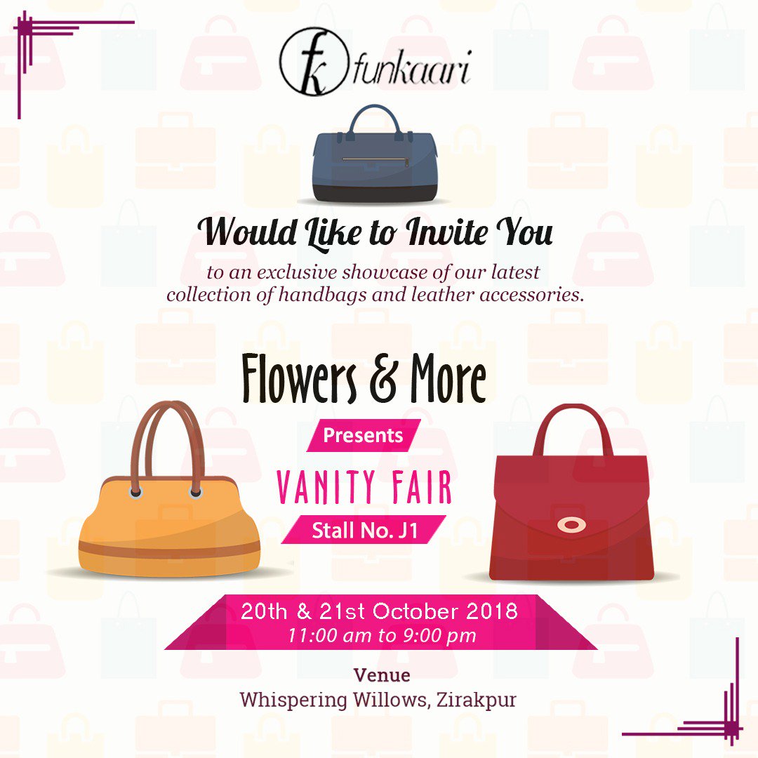 infofunkaari's tweet photo. Funkaari invites you to visit an exclusive showcase of our latest collection of handbags and leather accessories.

Date:- 20th &amp; 21st October'18
Time:- 11:00 am to 9:00 pm
Venue:- Whispering Willows, Zirakpur

#funkaari #loveforfunkaari #funkaaribags #leatherbags #realleather https://t.co/UcL57EQnEh