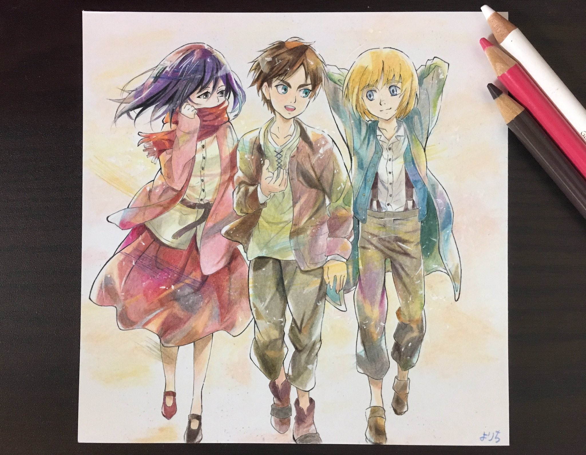 よん 色鉛筆でエレン ミカサ アルミン描きました 模写 進撃の巨人 T Co Wo653pxzni Twitter