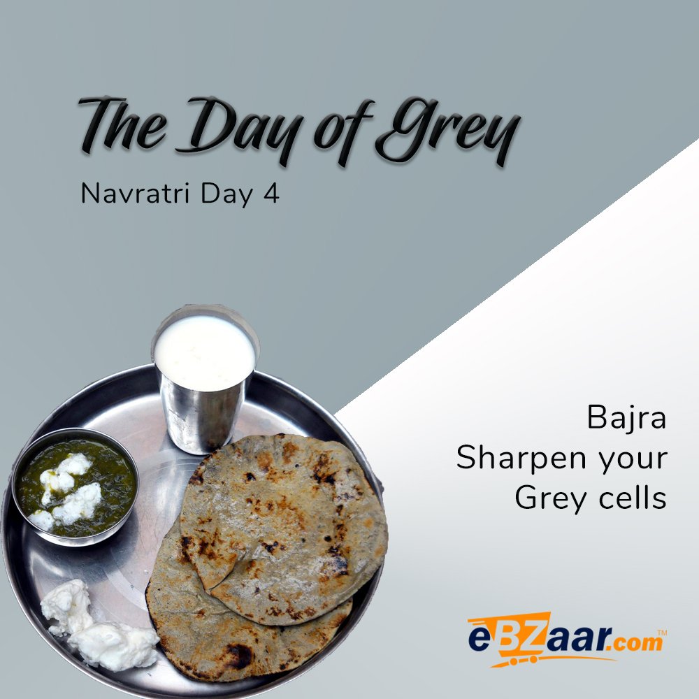 ebzaar's tweet photo. 4th auspicious day of #navratri starts with worshiping #GoddessKushmanda by wearing #Gray color.

 Celebrate #navratri by eating heathy bajari roti/bhakari.

- Containing high fiber bajari is a good food for diabetics. It reduces the severity of asthma and frequency of migraines. https://t.co/ozIHIiFABu