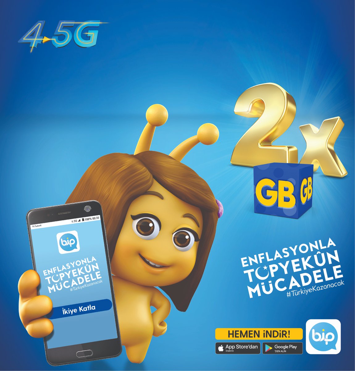 Türkiye’nin Turkcell’i olarak enflasyonla mücadeleye tam destek: Ekstra hiçbir ücret ödemeden internet paketlerini ikiye katlıyoruz! <a href="/BiPMobil/">BiP</a>’deki Enflasyonla Mücadele kanalını takip ederek internetinizi ikiye katlayabilirsiniz. 💛 #TürkiyeKazanacak bit.ly/BiPEnflasyonla…