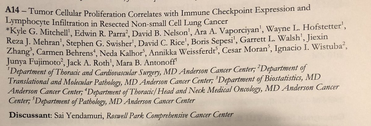 maraantonoff's tweet photo. Dr Kyle Mitchell did an outstanding job presenting our work from @MDAndersonNews correlating Ki67 with immune checkpoint expression and lymphocyte infiltration. Very proud of Kyle for representing us so well! @AraVaporciyan @JackARothMD @sgswisher @rjmehran #ITSOS18 @AATSHQ #lcsm https://t.co/EPXMrRibmm