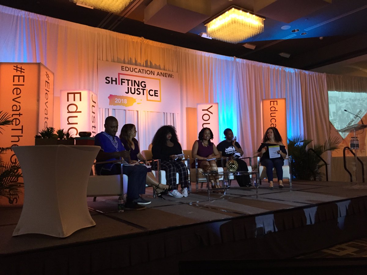 EducationAnew's tweet photo. Morning Plenary: Reclaiming Safety: The Case for Police Free Schools happening now w/ @thenarobinson of @justschools @El_Jemedari @BlackOrgProject @MaketheRoadNY @AndreaVasquezJ @SaudibyNature of @215studentunion #ElevateTheGenius #EASJ2018 #EducationAnew https://t.co/y6FUiGA8U6