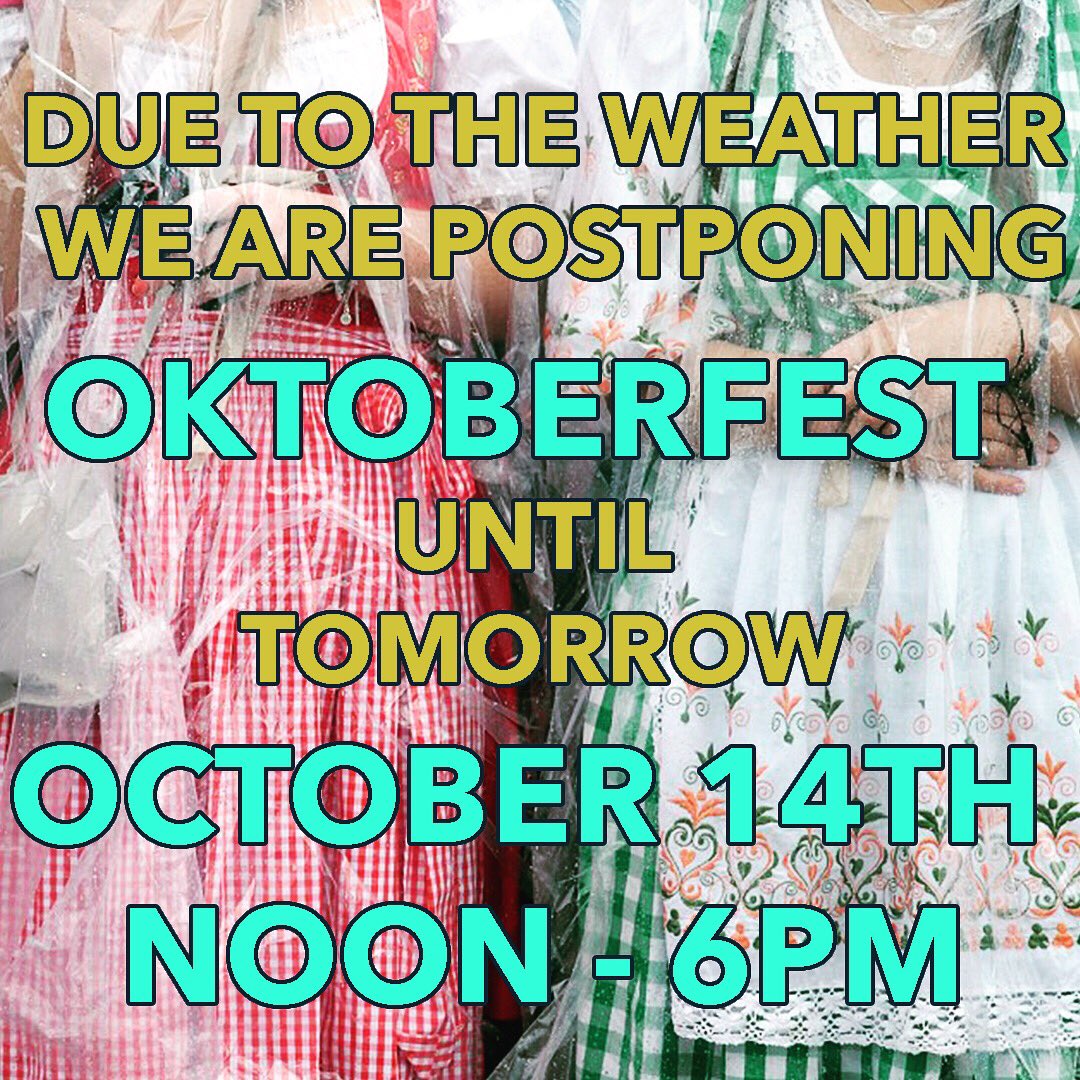 OddAlewives's tweet photo. The chance of rain is high today so we are postponing our Oktoberfest until tomorrow. You can still buy tickets online and we are extending glass boot promotional until tonight at midnight! It is calling for a lovely sunny fall day tomorrow, see you then! #raindate #oddalewives https://t.co/it4XJZBCm8