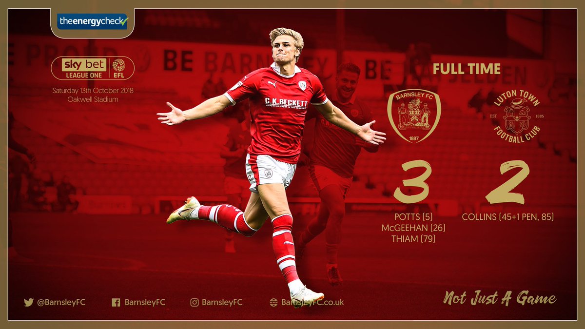 BarnsleyFC's tweet image. ⏱️ - Barnsley 3-2 @LutonTown 

The Reds survive a late Luton comeback to go second in Sky Bet League One. First half goals from Brad Potts and Cameron McGeehan were followed by a superb strike from Mamadou Thiam to give the Reds all three points.

#NotJustAGame | #COYR