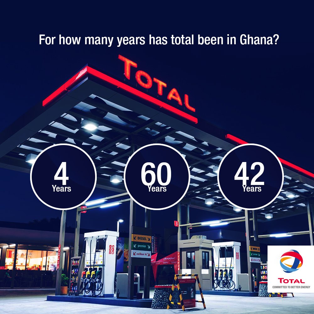 TotalEnergiesGH's tweet photo. It's Total Trivia time again! 🤓 We are sure this will be an easy one for you all.
For how many years has Total been in Ghana? 
#TotalGhana #TotalTrivia https://t.co/gd9rkKLVk5