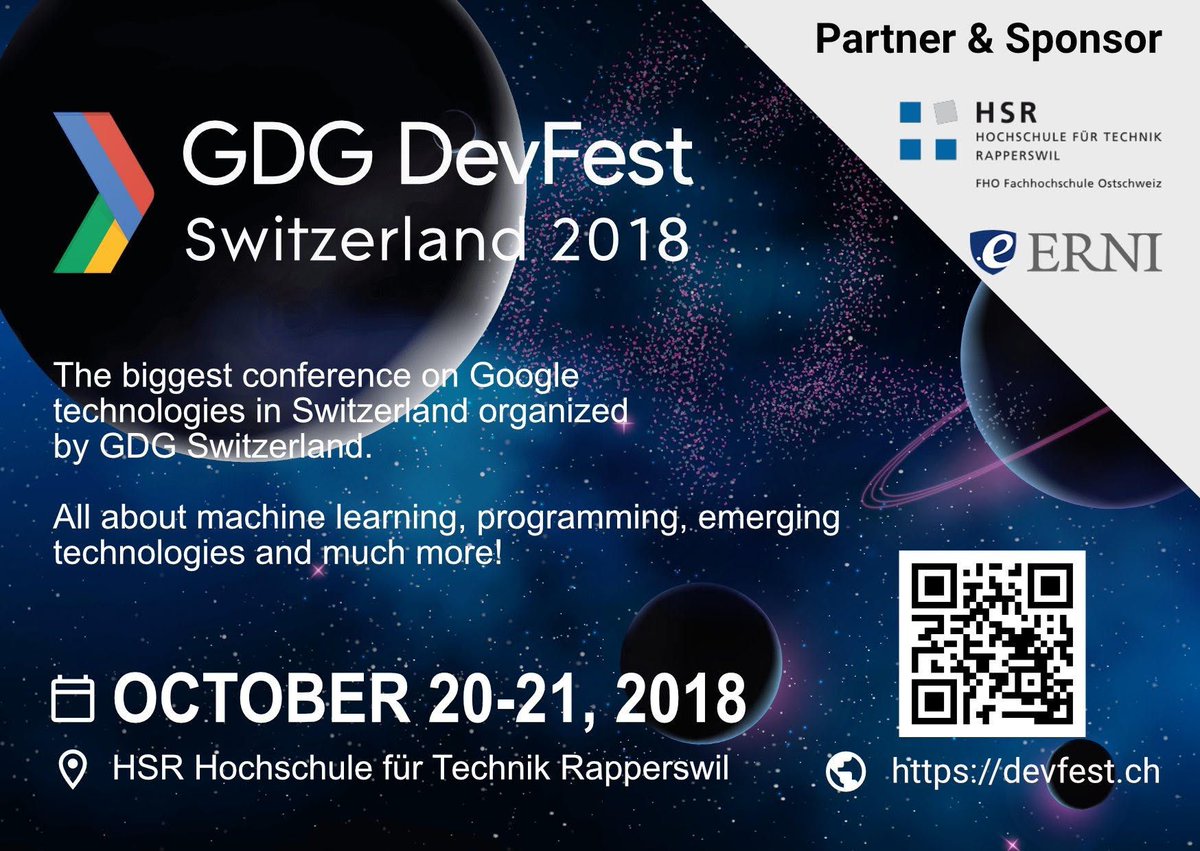 GDGZH's tweet photo. The DevFest Switzerland 2018 is near! Don't miss the chance to participate at this great tech conference next week 20. - 21. October 😊 https://t.co/oRexKQIBRj #DFCH18 https://t.co/VJ5Z85fXUD