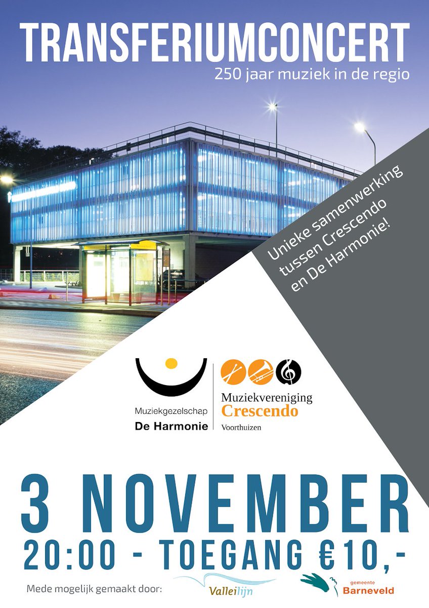 Een uniek concert op een bijzondere locatie: op zaterdag 3 november 2018 wordt in het Transferium Barneveld-Noord een concert gegeven door <a href="/harmoniebveld/">Harmonie Barneveld</a> en <a href="/Crescendo1908/">CrescendoVoorthuizen</a>. Mede mogelijk gemaakt door <a href="/Connexxion/">Connexxion</a> en <a href="/valleilijn/">Valleilijn</a>. Wees er snel bij, want vol = vol.