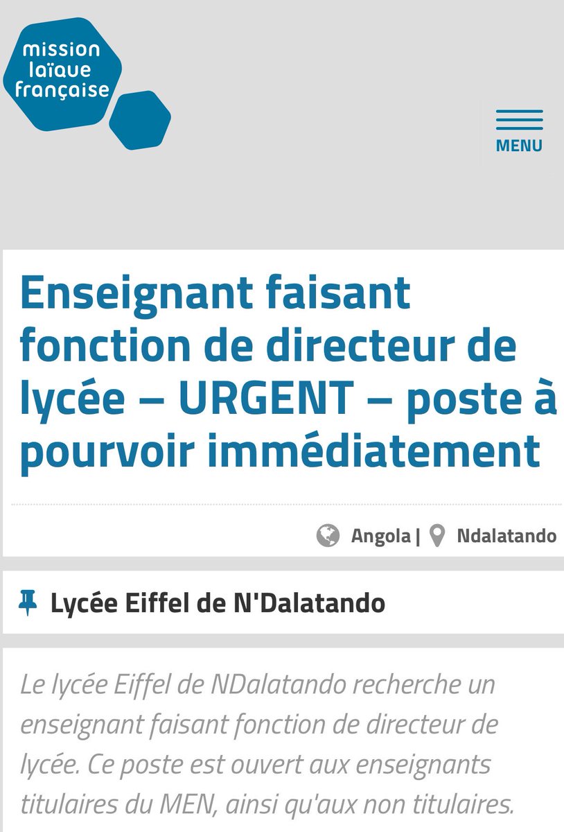 mlfmonde's tweet photo. #Angola projet des lycées Eiffel, #Ndalatando projet de #coopération éducative #Total #mlfmonde #MENAngolais. #recrutement sans délais. Conditions attractives pour un poste à profil spécifique #formation #Sciences #Mathématiques https://t.co/eLwF5TC3V6 https://t.co/Rpzp5bo1wR
