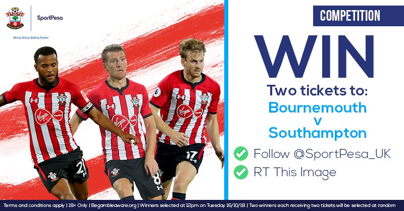 SportPesa_UK's tweet photo. Suffering from domestic football withdrawal?

We have two pairs of tickets to next Saturday's game between Bournemouth and @SouthamptonFC up for grabs.

Entering could not be easier. Just follow us and RT this.

(Tickets in #SaintsFC end - good luck!) https://t.co/MEo8YA4VDH