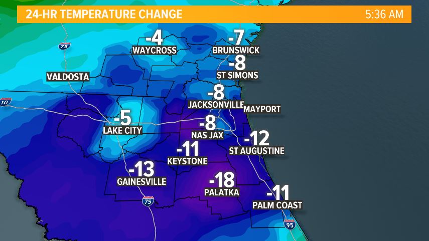 WeatherLauren's tweet image. Temps will continue to cool until sunrise at 7:27 a.m. in Jacksonville; 8 degrees cooler now than this time Friday morning. Loooove these crisp dew points in the lower 50s! #FloridaFall
