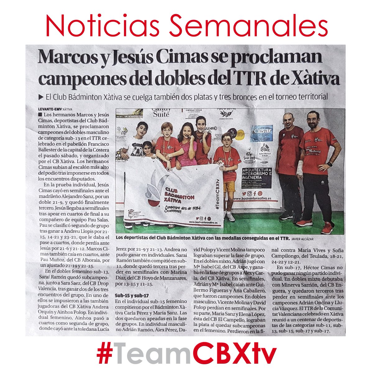 Otra semana más en las páginas deportivas del @levanteemv con los logros de nuestros deportistas.

#TeamCBXtv 💪🏸

<a href="/PAPELERIATL/">PAPELERIA TL</a> @recressaetabis
<a href="/dentalcarralero/">Carralero Clínica Dental Avanzada</a> <a href="/caixapopular/">Caixa Popular</a>
@DecathlonES <a href="/iaadarve/">ia.adarve</a>
<a href="/CoordClubsXat/">Coord Clubs Xàtiva</a> @paldabero
<a href="/diarixativa/">DiariDigital.es</a> @RDecoracio
#Badminton #Xativa #TeamXativa