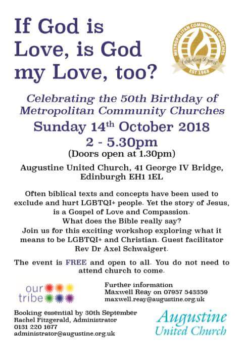 Tomorrow we will be celebrating the 50th birthday of <a href="/MCCchurch/">Metropolitan Community Churches</a> at <a href="/AugustineUnited/">AugustineUnited</a> with a workshop about what the Bible really says about LGBTQI+ people, facilitated by Rev Dr Axel Schwaigert. 

The event begins at 2pm and is FREE and open to all who are interested 🌈