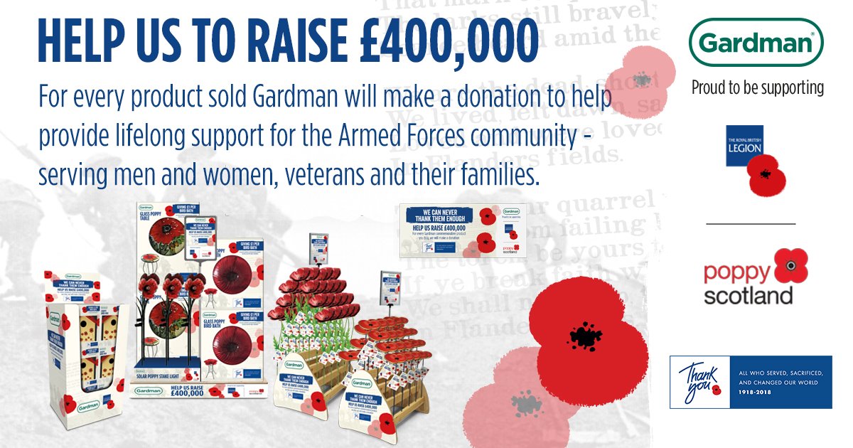 100 years ago the First World War ended. In 2018 The <a href="/PoppyLegion/">Royal British Legion</a> is leading the nation in saying Thank You to all who served and sacrificed. We are proud to continue our support for <a href="/PoppyLegion/">Royal British Legion</a>, help us raise £400,000 for 2018 #thankyou100 gardmanpoppy.co.uk