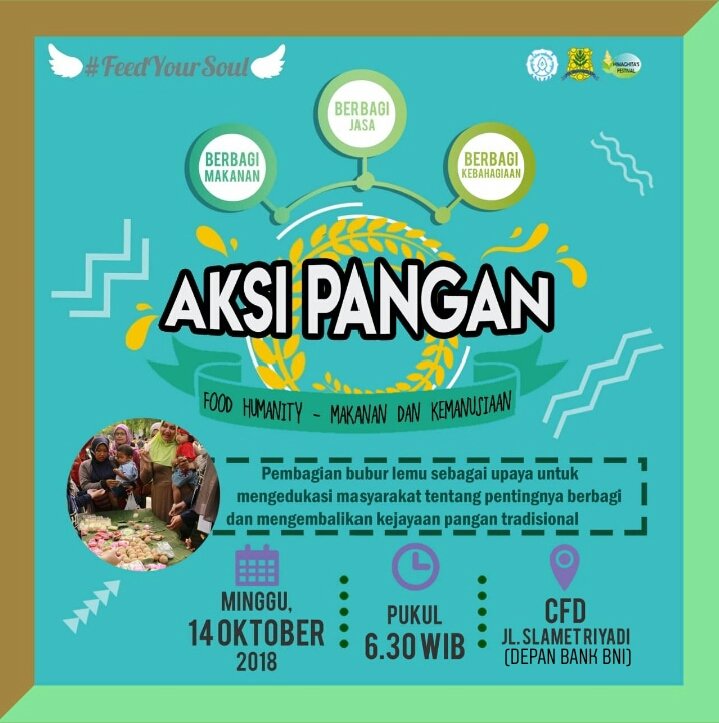 📣 ATTENTION FOOD FIGHTERS 📣
Himaghita's Festival 2018 proudly present:

🏃🏻‍♂AKSI PANGAN🏃🏻‍♂

Di Aksi Pangan ini, kita akan membagikan bubur lemu GRATIS! Dan berkolaborasi dengan YPAC Surakarta
📅 : Minggu, 14 Oktober 2018
⏰ : 06.30 WIB
🏠 : CFD Slamet Riyadi (Depan bank BNI)