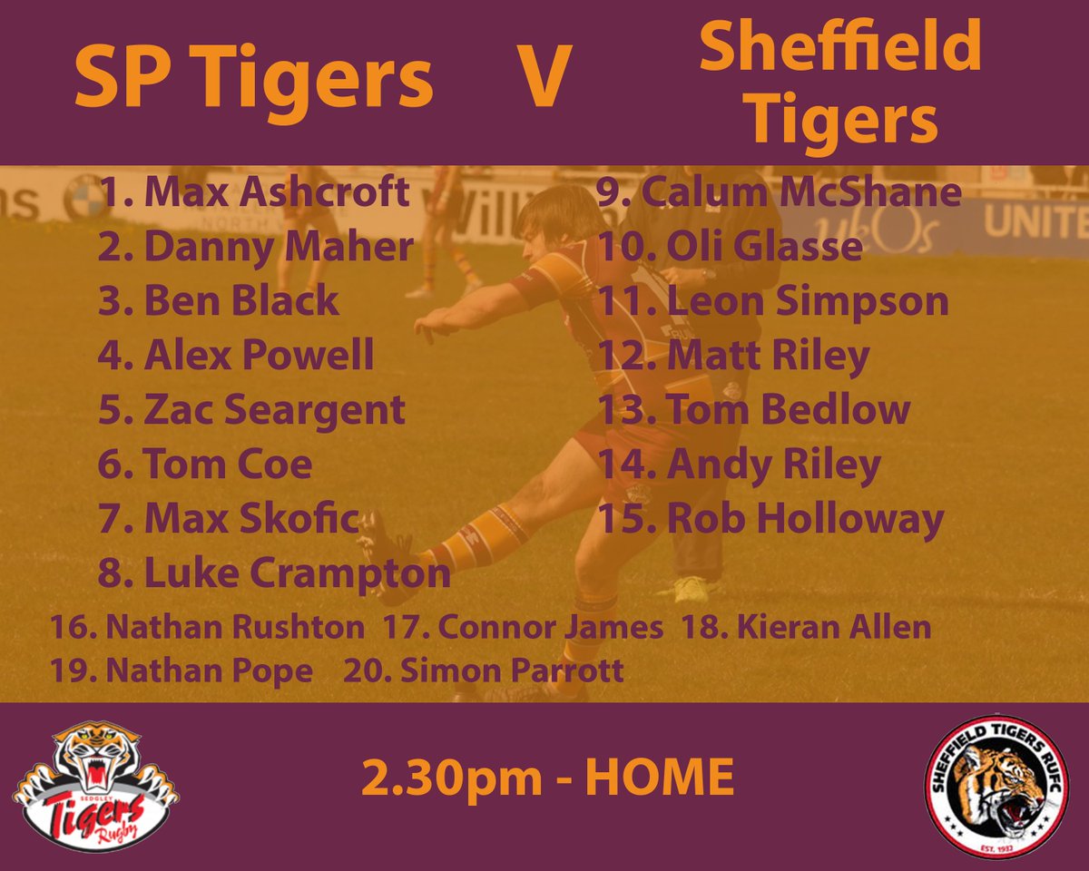 Here's the team for today's game against <a href="/SheffTigersRUFC/">Sheffield Tigers</a>. 2.30pm Kick-off