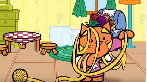 #CrystalCat is in a bit of a #Tangle-but being the #SmartCat that she is Crystal has a plan! Come See 'What a Yarn' on #ILoveYarnDay🧶 on our platform pals @AmebaTV @kidoodleTV @batterypop #Cartoons #Yarn #knitting #LovetoKnit #knittersofinstagram #Caturday #SillyCat #JustImagine