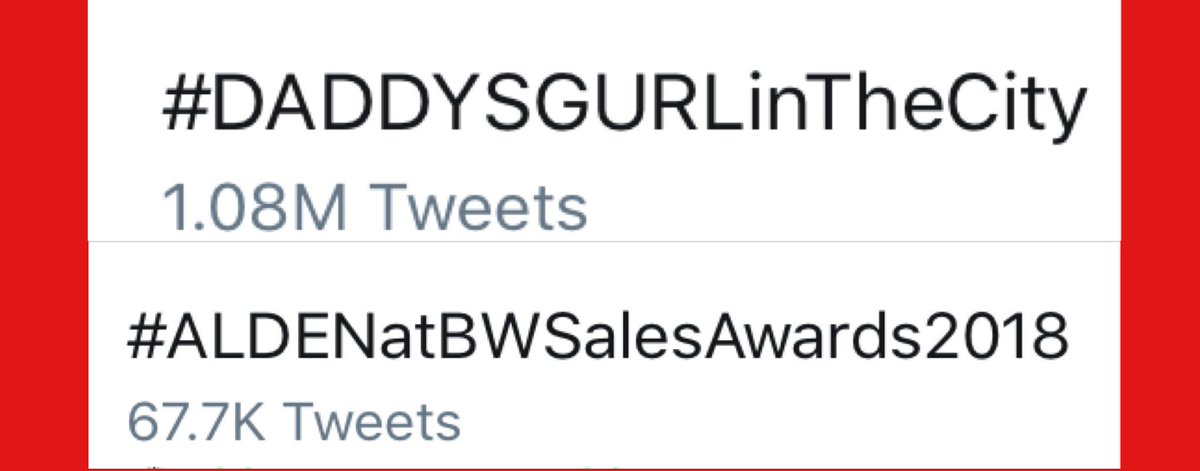 UPDATE 7:55PM PH TIME

#ALDENatBWSalesAwards2018 
67.7K Tweets
#DADDYSGURLinTheCity
1.08M Tweets

AND COUNTING!
ALDUB PA RIN

<a href="/ofctrendsetter/">TEAM OAT ᴬᴰᴺ</a> <a href="/ALDUBNation/">ALDUBNation</a> <a href="/AlDubBigBoyz/">AlDubForTheBigBoyzᴬᴰᴺ</a> <a href="/AlDubBigGirlz/">AlDubForTheBigGirlz™ᴬᴰᴺ</a> <a href="/KS_PROPSofAlDub/">ALDUB LIVING PROPS ᴬᴰᴺ</a> @OFCALDubKoTo <a href="/aldubmaiden/">AlDub❤️MaiDen Org ᴬᴰᴺ</a> <a href="/SenyoraTidora_/">SENYORA TIDORA ᴬᴰᴺ</a> @RealDonFraning <a href="/ADNGetTogether/">ALDUBNATION: Balik Tanaw 2019 ᴬᴰᴺ</a>