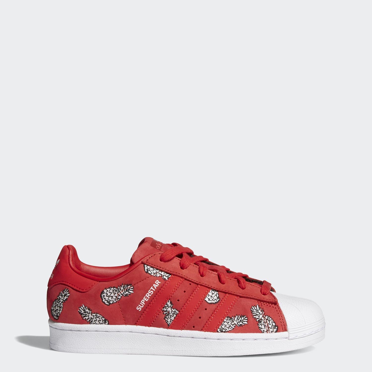 SNKR on X Adidas Superstar Made of plush suede these trainers show off a tropical vibe with a pineapple print designed with Brazilian streetwear label The FARM Company. Available at SNKR Store