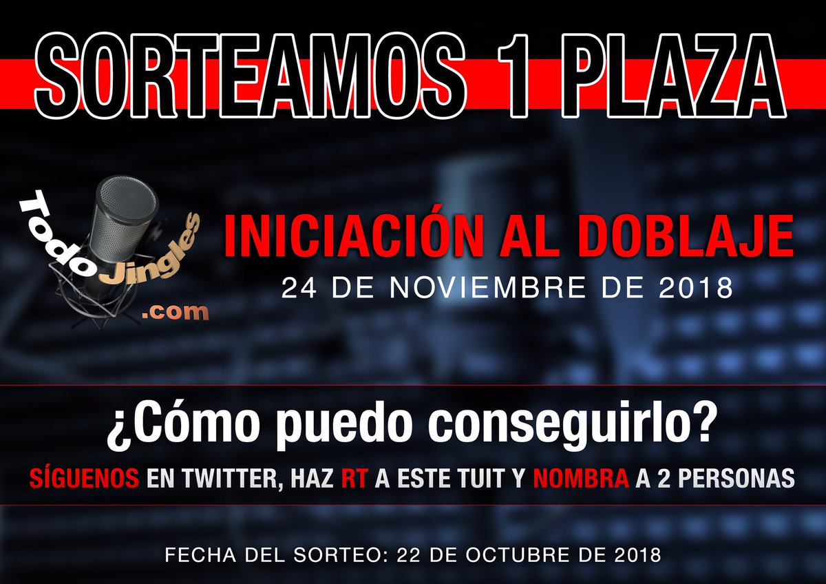 TodoJingles's tweet photo. 🔴SORTEO 🔴 🎙🎙🎙
¿Quieres probar el mundo del doblaje? 
Consigue GRATIS 1 plaza de iniciación al Doblaje para el día 25 de Noviembre por la mañana.(Premio transferible).
1-Sigue nuestra cuenta
2-RT este tuit
3-Nombra dos personas (@) en las respuestas.
Sorteo el 22 de Octubre https://t.co/Wk77kN3c3E