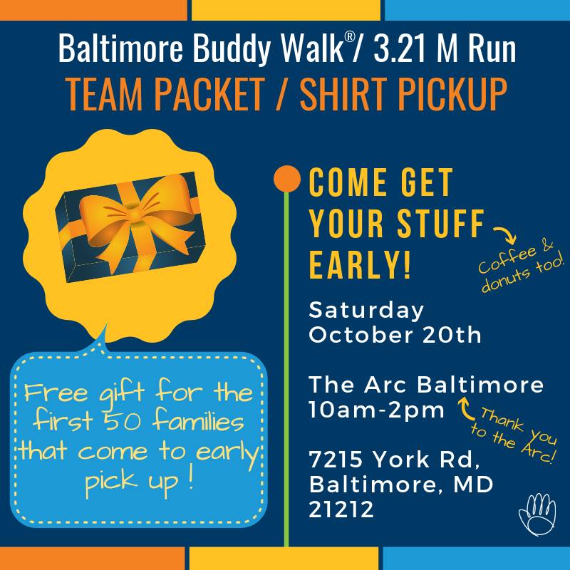 DSAMaryland's tweet photo. Come pick up your Buddy Walk® gear and information early!! Join us for T-shirt & packet pickup on Saturday, October 20 from 10-2 at @TheArcBaltimore! Free gift for the first 50 families who come - let's make it a party! https://t.co/NYtpIjRs2L #baltimorebuddywalk https://t.co/pyyYk9L8X1