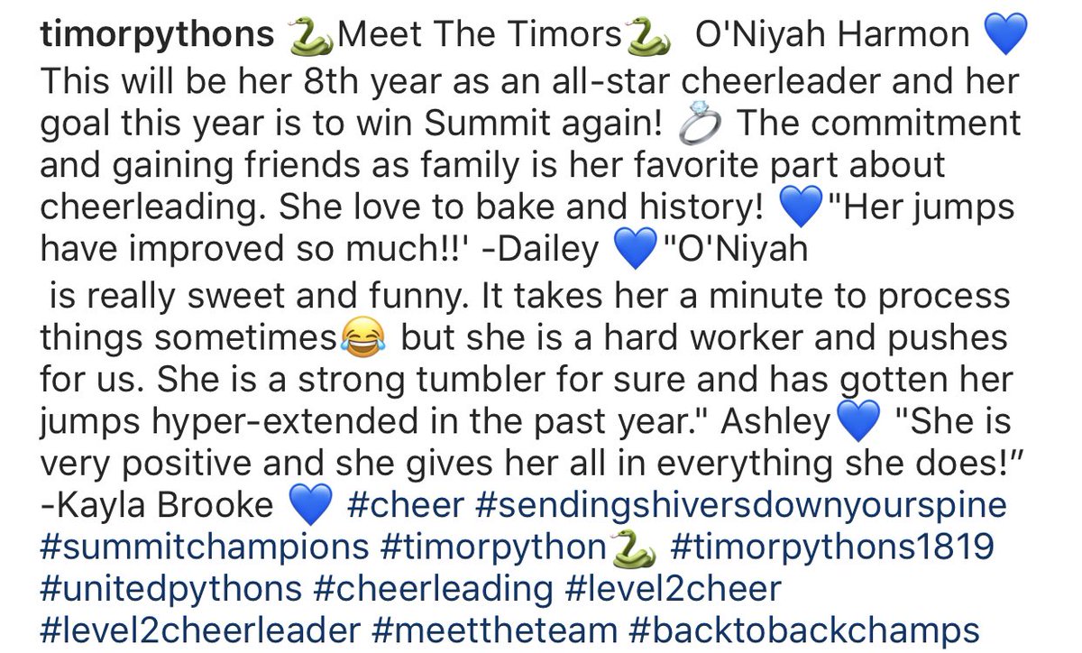 PythonsTimor's tweet image. 🐍 Meet the Timors🐍 #timorpythons1819 #timorpython #cheer #cheerleader #level2cheer #unitedpythons #summitchampions #Summit19 #backtobackchamps