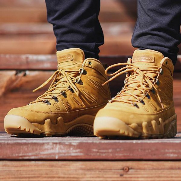 jordan 9 wheat on feet