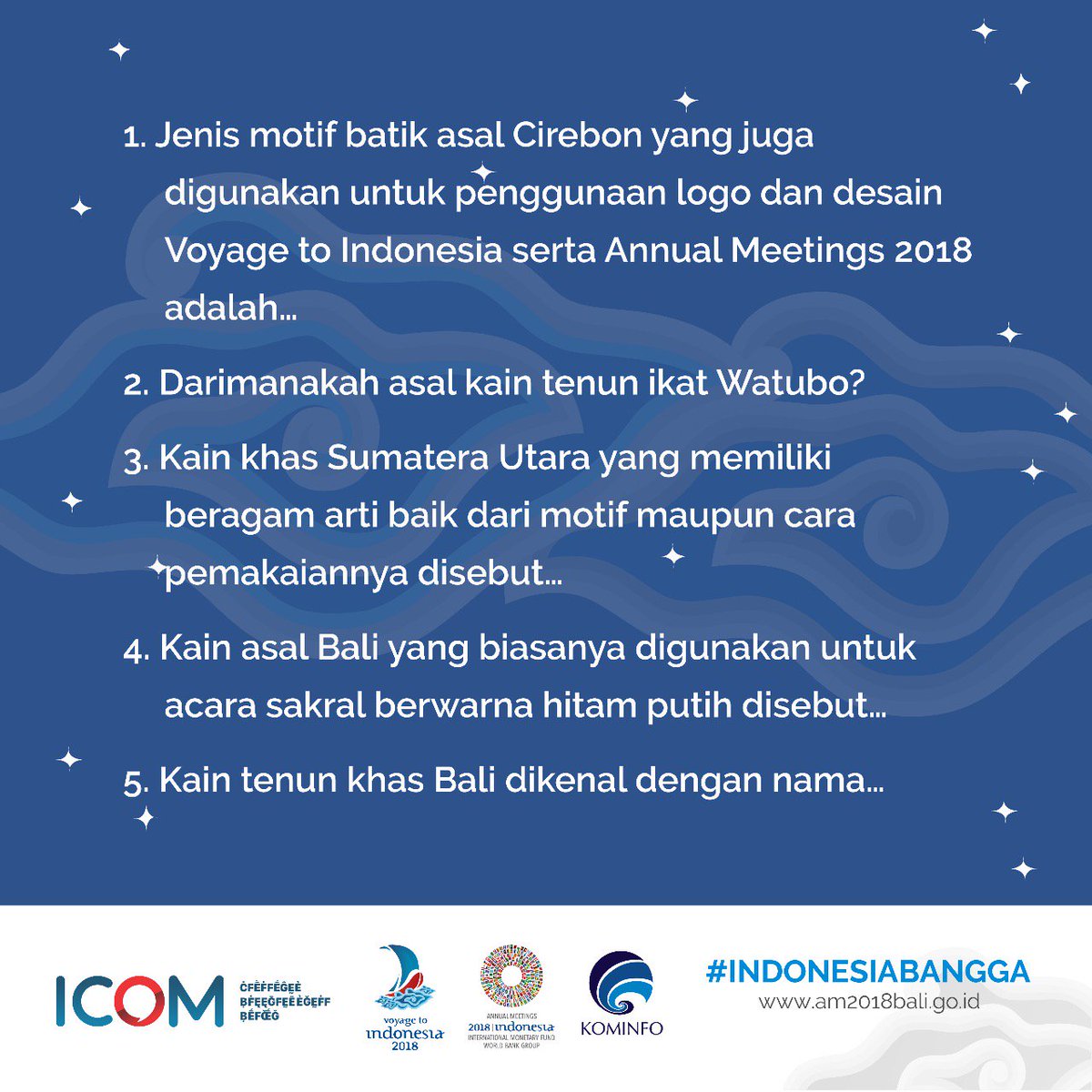 kemkomdigi's tweet photo. Langsung aja ya kuis #IndonesiaBangga hari ini:

Jangan lupa jawabnya lengkap disertakan nomer pertanyaan. Jawaban kuis #IndonesiaBangga hari ini kita tunggu sampai besok pkl 17.00 WIB ya sob. Persyaratannya kyk biasa aja~ semangat! https://t.co/wubkqZVBsg