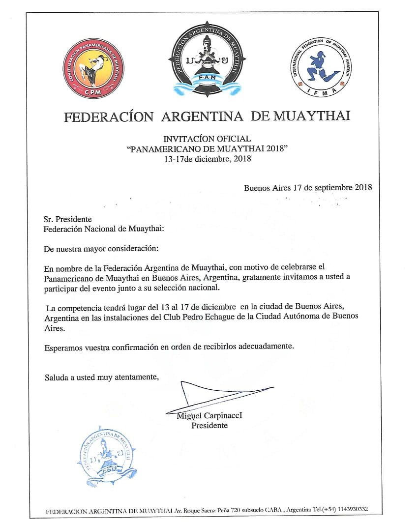 FUMTT2018's tweet photo. Con gran satisfacción nos complace compartir esta gran invitación para el Panamericano de Muaythai, en la ciudad de Buenos Aires. 
Ya está en proceso la formación del Seleccionado que representará a nuestro país https://t.co/GYVUYgRdOt