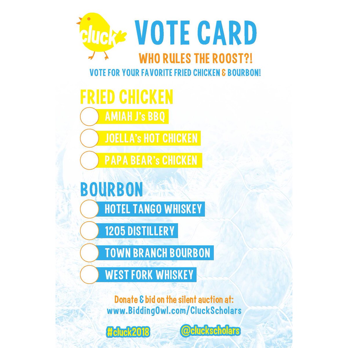 Voting begins at 2pm SHARP at #Cluck2018 TIX at cluck2018.eventbrite.com to vote for <a href="/Joellaschicken/">Joella's Hot Chicken</a> @joellashotchicken <a href="/amiahjsbbq/">Amiah J's BBQ</a> @ppapabearschicken @1205Distillery <a href="/westforkwhiskey/">West Fork Whiskey Co</a> <a href="/HotelTangoIndy/">Hotel Tango Distillery</a> @hoteltangodistillery