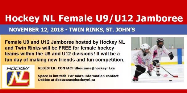 Hockey NL is hosting a Female U9 / U12 Jamboree on November 12, 2018 at Twin Rinks. @HkyNL @PmhaWarriors @ne_eagles @AvalonCeltics @Goulds_Minor @MtPearlBlades @SSminorhockey