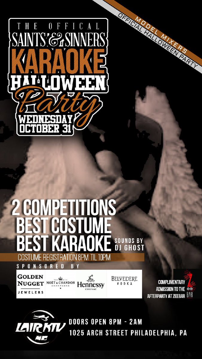 ModelMixers's tweet photo. #Halloween Come dressed in your best costume for a chance to win one of two Contest, Best Costume and Most entertaining Karaoke. 🎶 by @djghost1  sponsored by #Hennessy #belvedere #moetchandon 🎟Click the link in our bio for Tickets &amp; More info  #ModelMixers #halloween #karaoke https://t.co/luxIsbjT1L