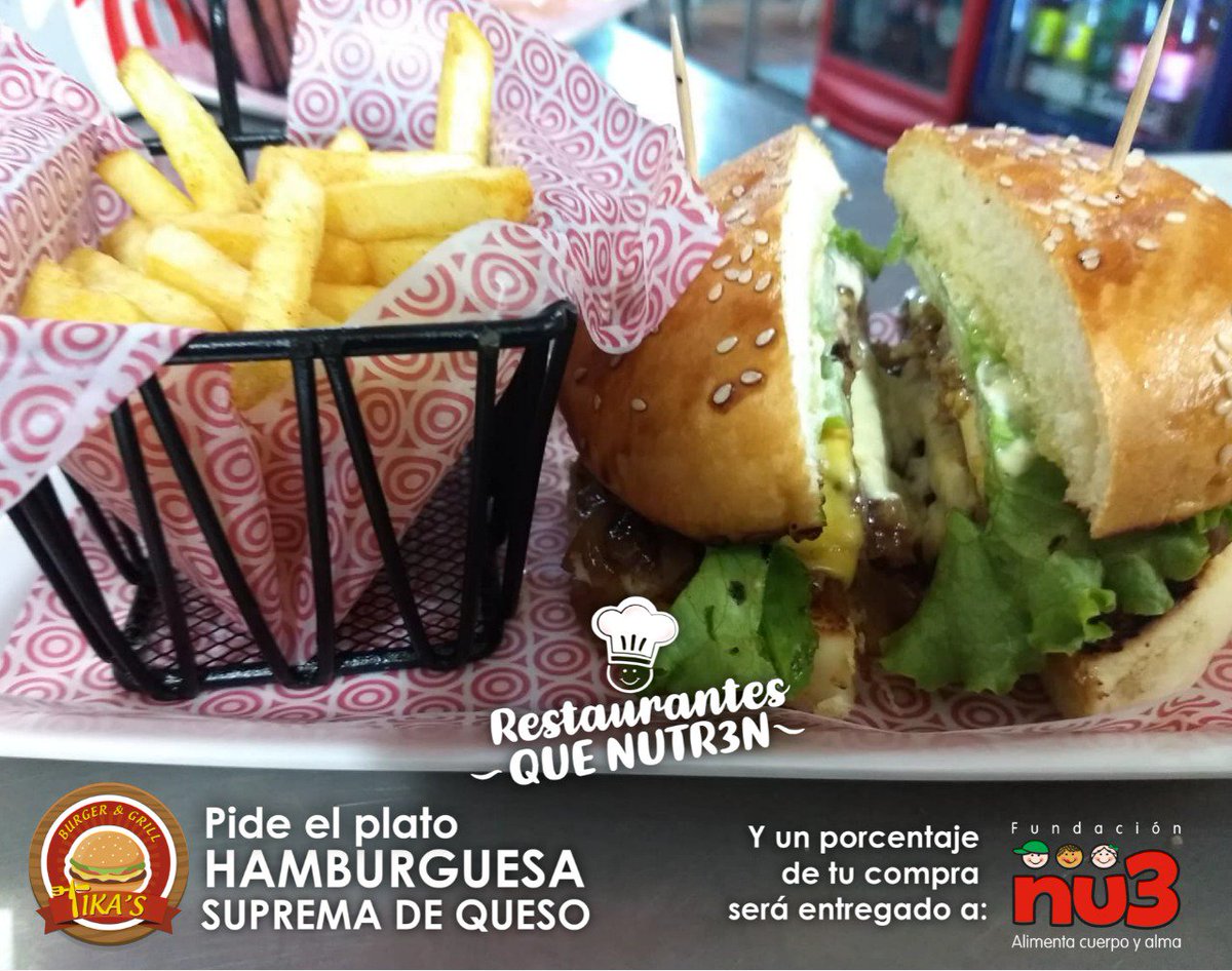 nu3social's tweet photo. La #Hamburguesasupremadequeso del restaurante de @Tikasbaq es uno de los platos #menu3 ¿Aún no lo has probado? Disfruta hoy de una rica comida y contribuye a la nutrición infantil. Así, comes rico y cambias la vida de los niños de Colombia. https://t.co/xPrNbieG4i