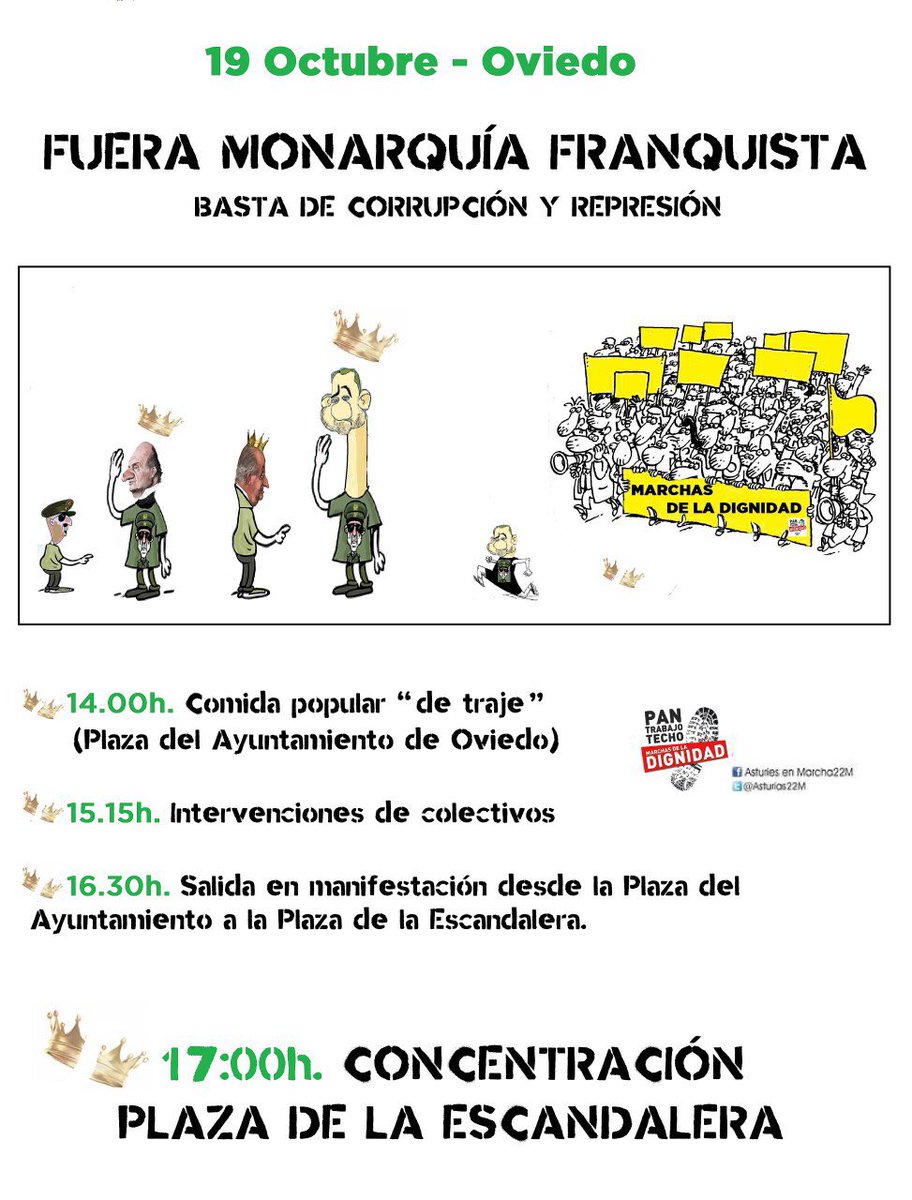 El próximo viernes 19 de octubre,  os vemos en Oviedo para protestar contra los premios princesa y la corte monárquica que blinda nuestras calles ese día!