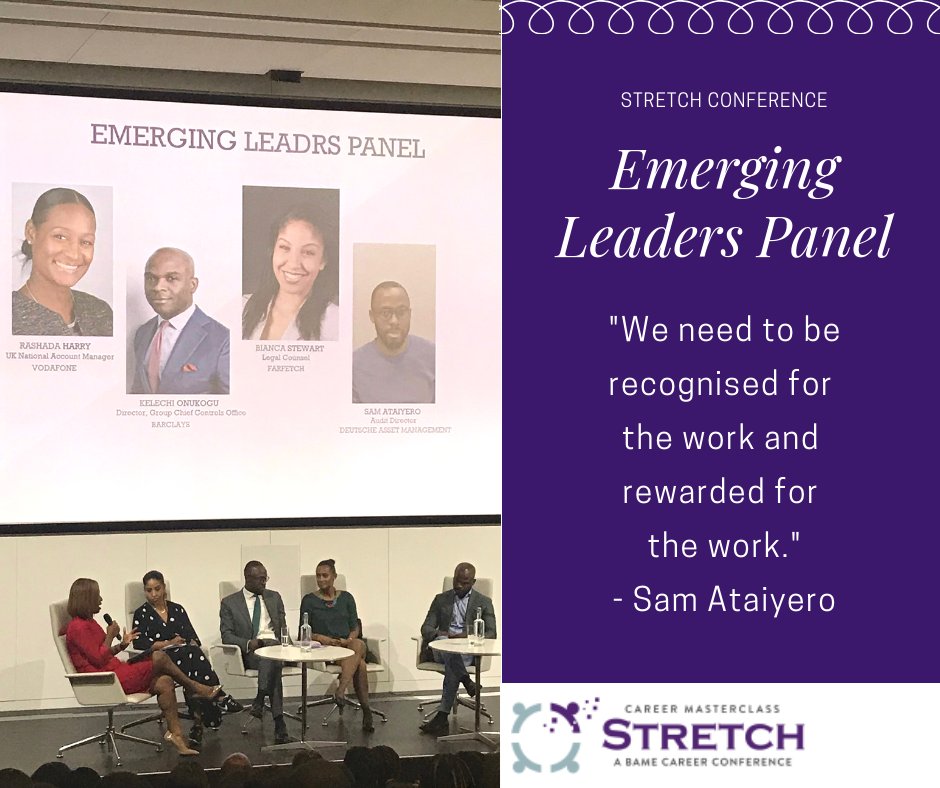 Career_Masters's tweet photo. On our emerging leaders panel we have fantastic talent with Rashada Harry, Kelechi Onukogu, Bianca Stewart, and Sam Ataiyero. Moderated by Bukola Adisa. #STRETCH2018 #STRETCHConference https://t.co/byeXOpaJhl