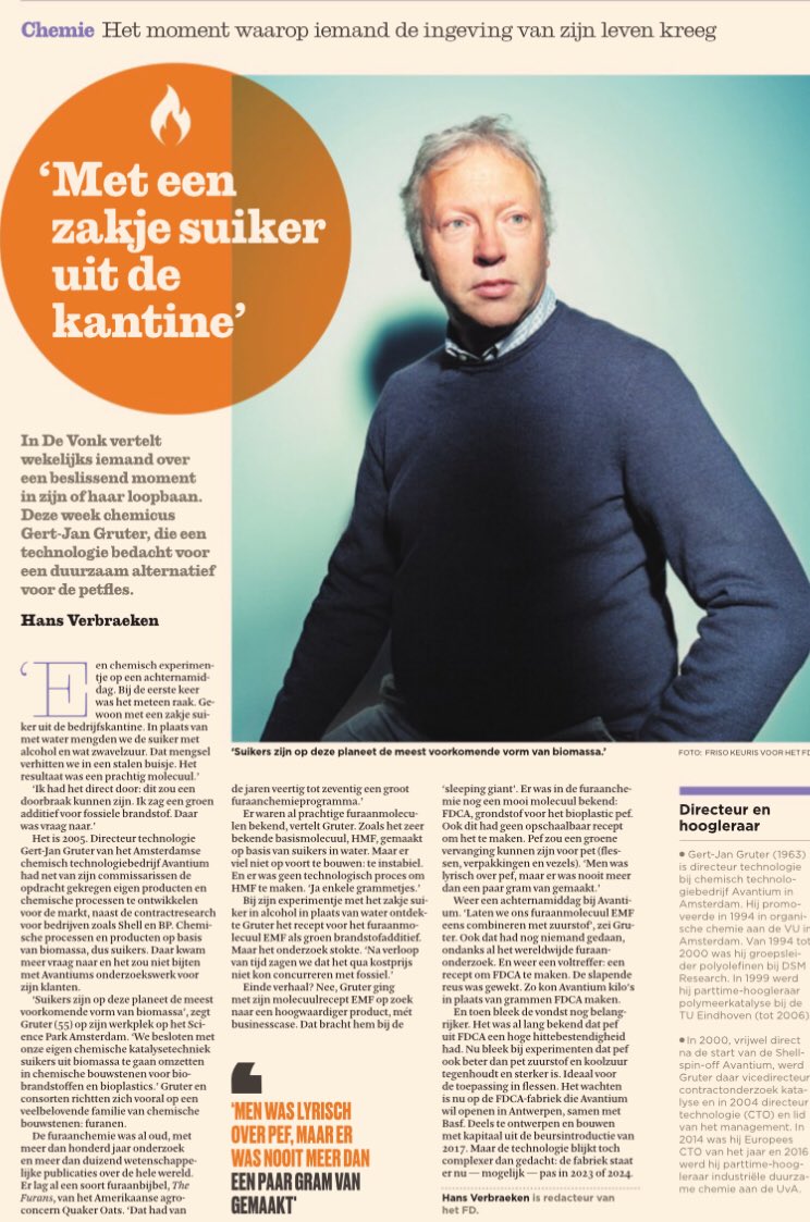 Avantium (@avantium) on Twitter photo Today in newspaper FD, our CTO <a href="/GJGruter/">Gert-Jan Gruter</a> on the FDCA & PEF innovation providing a sustainable and better alternative to fossil based plastics and other materials. #Biobased #FDCA, #PEF Today in newspaper FD, our CTO <a href="/GJGruter/">Gert-Jan Gruter</a> on the FDCA & PEF innovation providing a sustainable and better alternative to fossil based plastics and other materials. #Biobased #FDCA, #PEF