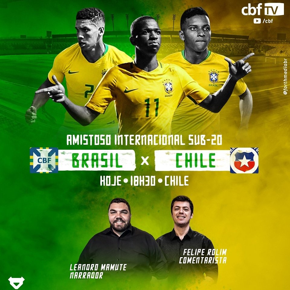 LeandroMamuteTV's tweet photo. Hoje, as 18h30, tem amistoso da seleção brasileira sub-20, direto do Chile, com transmissão ao vivo da CBF TV. EU narro e o @feliperolim comenta. Fique ligado nas redes sociais da @CBF_Futebol! #UseTauron #LojasTauron #NósLutamosComVocê #TeamForthMedia https://t.co/DZNlLm30dv