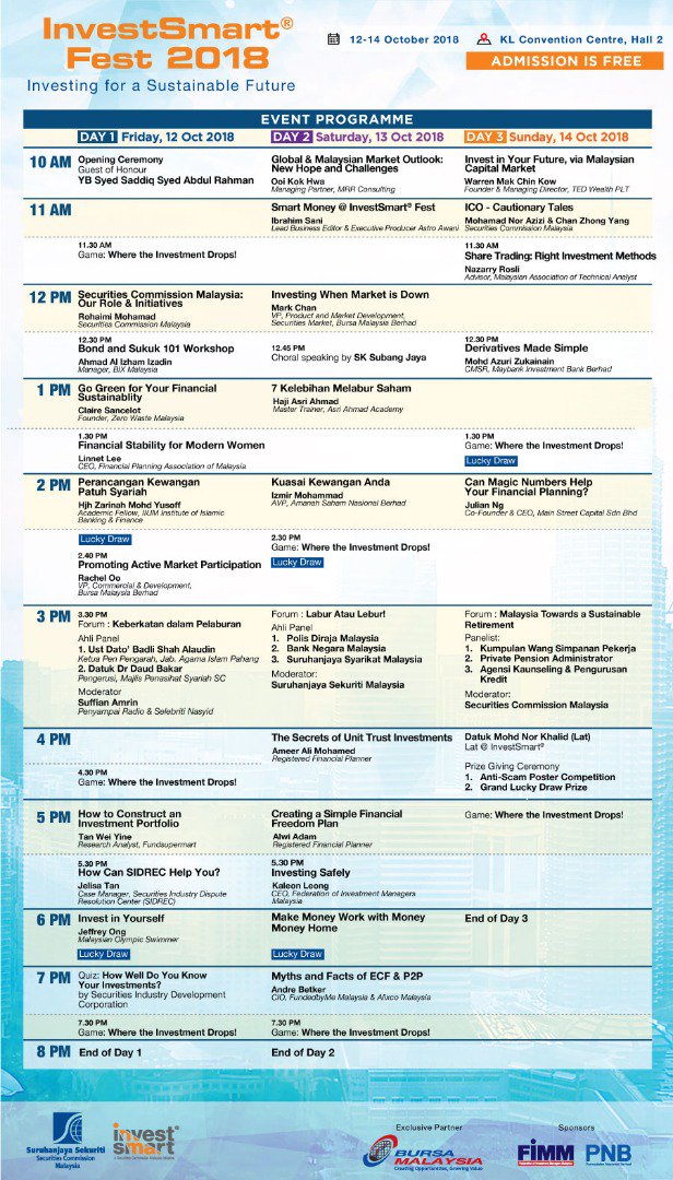 SecComMalaysia's tweet photo. Join us on the last day of #InvestSmartSC Fest 2018 this Sunday!
Admission is FREE. Take a look at our line up of speakers and programme here. Find out more: https://t.co/i46Ca97dl4 #ISF2018 #bijaklabur https://t.co/5i4CDtd8B7