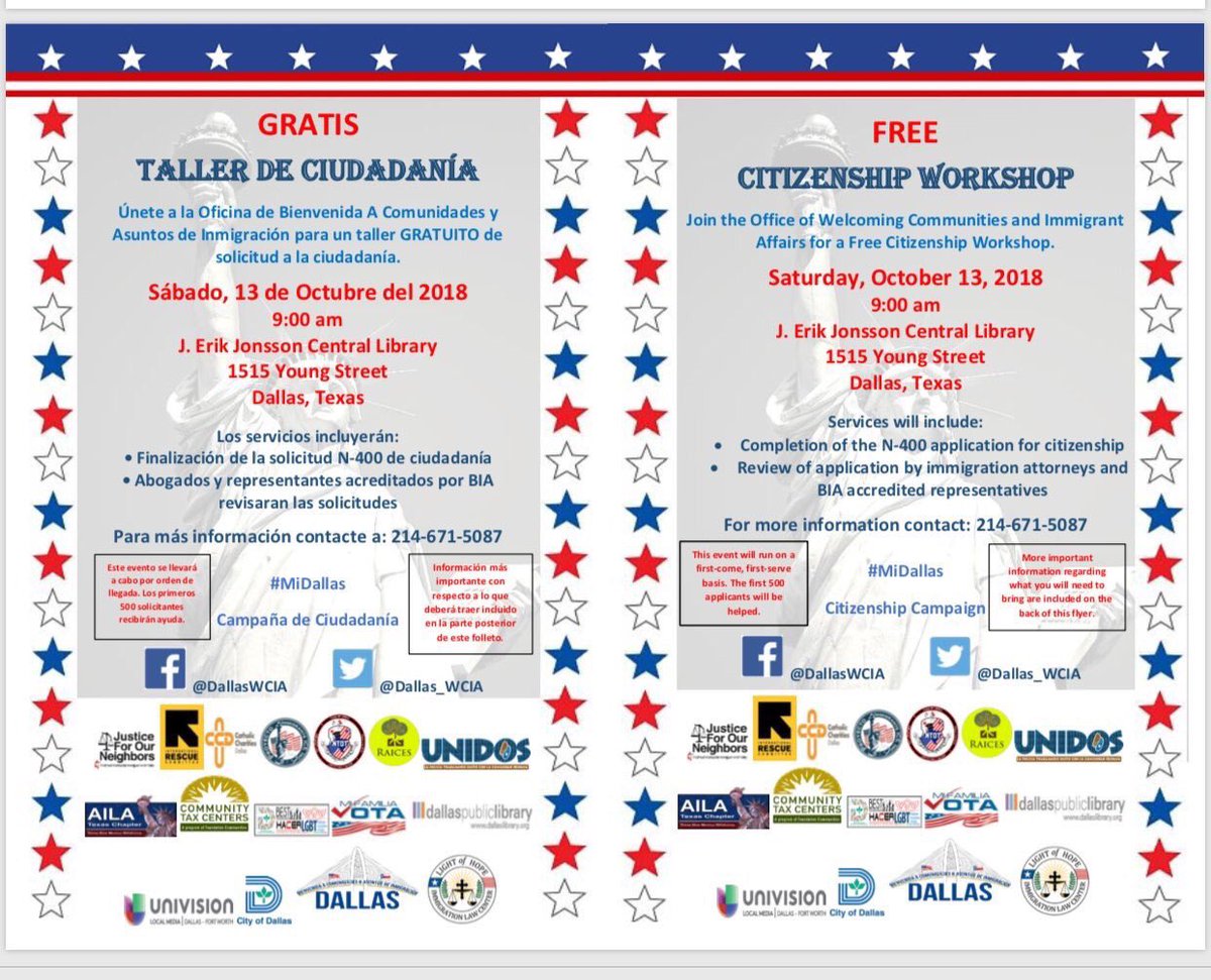 DPDUnidos's tweet photo. We are at the #MyDallas Citizenship Workshop! Translators and attorneys are here to help you become a US Citizen. #MyDallas
¡El Taller de Ciudadanía es hoy! Traductores y abogados le pueden ayudar a convertirse en ciudadano estadounidense. #MiDallas @VoteAdamMedrano https://t.co/rhNT5L3Q0X
