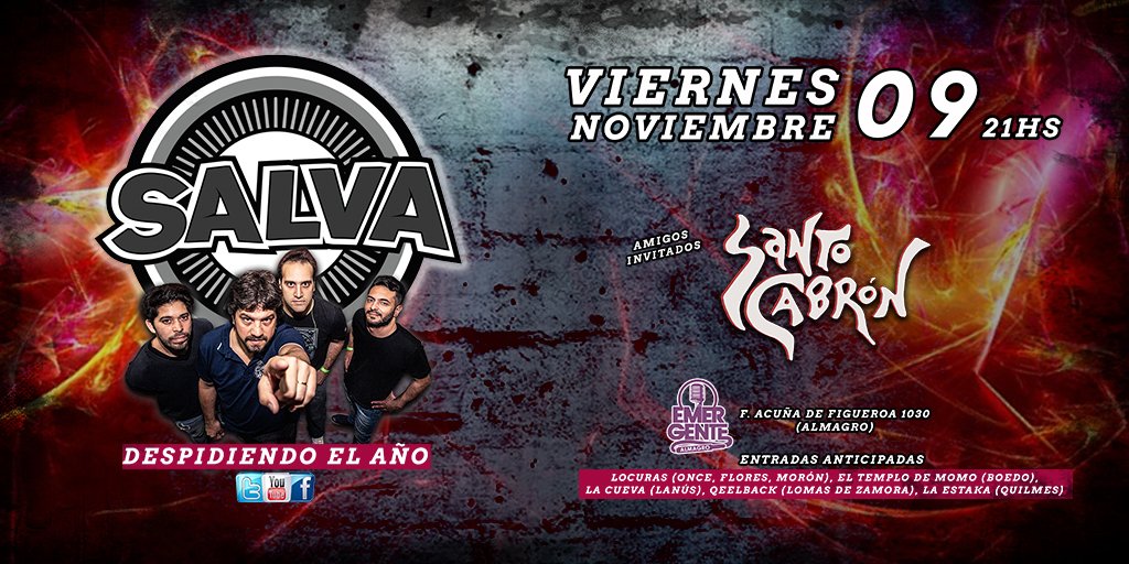 Viernes 9 de Noviembre 21hs despedimos el año en <a href="/elemergenteclub/">El Emergente Almagro</a> de Almagro. Amigos invitados: <a href="/santocabronrock/">santo cabron</a> 
Entradas anticipadas $200 en <a href="/MeTicketOnline/">Meticketonline</a> y los rockerias de siempre.