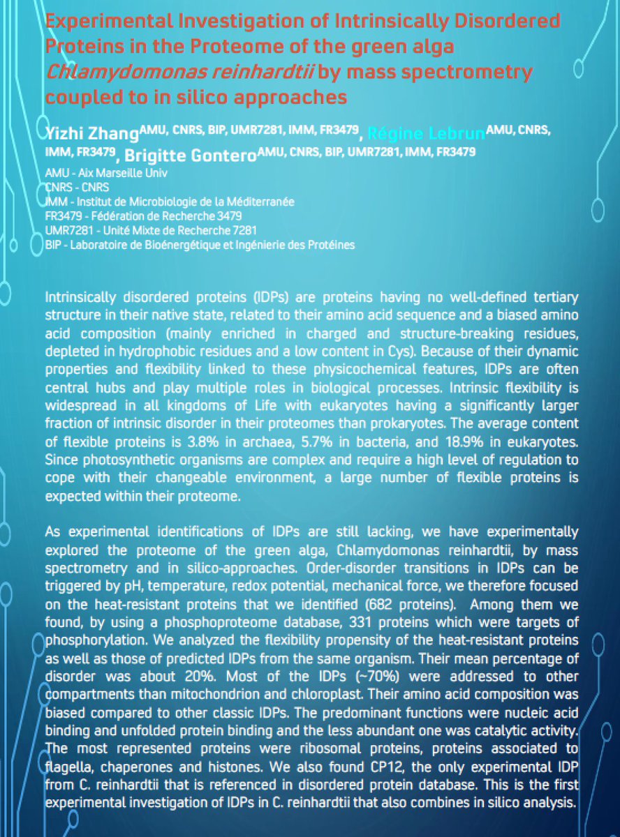 MaP_Proteomique's tweet photo. Our recent poster presented recently at the #SFEAP (french #proteomics society) congress about Experimental Investigation of Intrinsically Disordered Proteins in the Proteome of the green alga #Chlamydomonas #reinhardtii by mass spectrometry https://t.co/jb641BE0wG