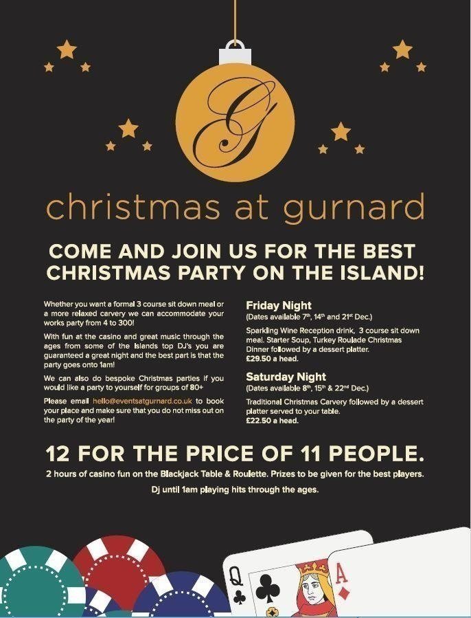 With a casino, music  and a choice of either a 3 course meal on Friday or a 2 course carvery and dessert on the Saturday, Christmas at Gurnard is sure to be a night to remember!  #party #christmas